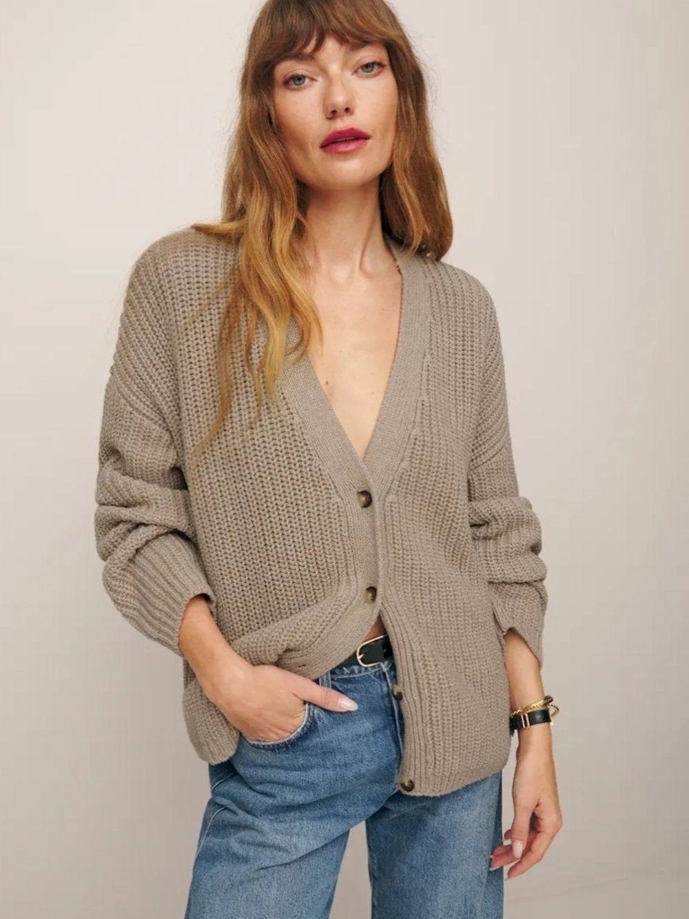 Reformation Taupe Ribbed Button-Front Cardigan - Picture 2 of 9